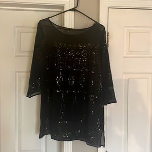 Adrienne Vittadini Blouse Sheer Shoulder and Sleeves Sequin Design Size L Black
